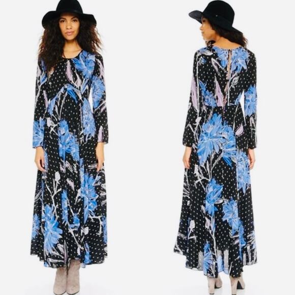 FREE PEOPLE Black Purple & Blue Floral Print Dress – Medium - Picture 1 of 14